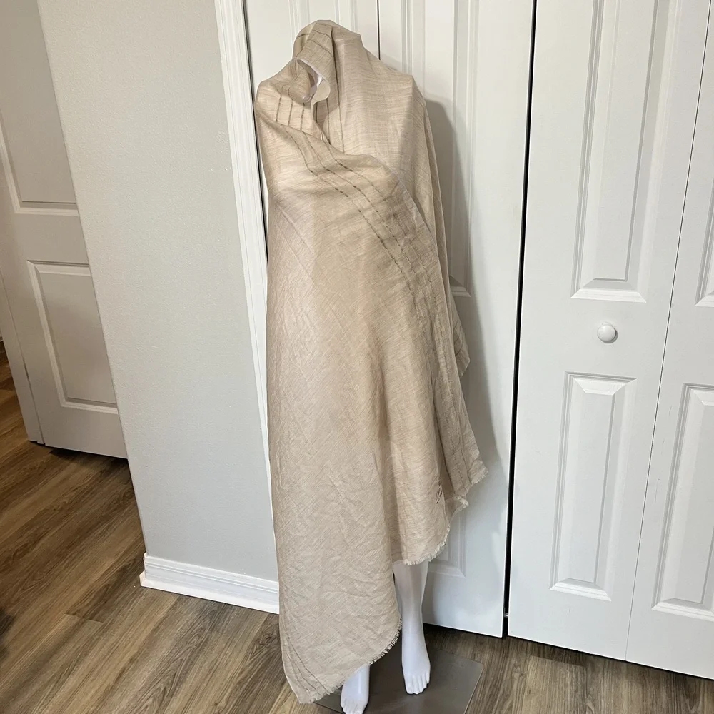 Loro Piana Shawl Wrap Womens Long Beige Cashmere Logo Stripe Scarf Italy